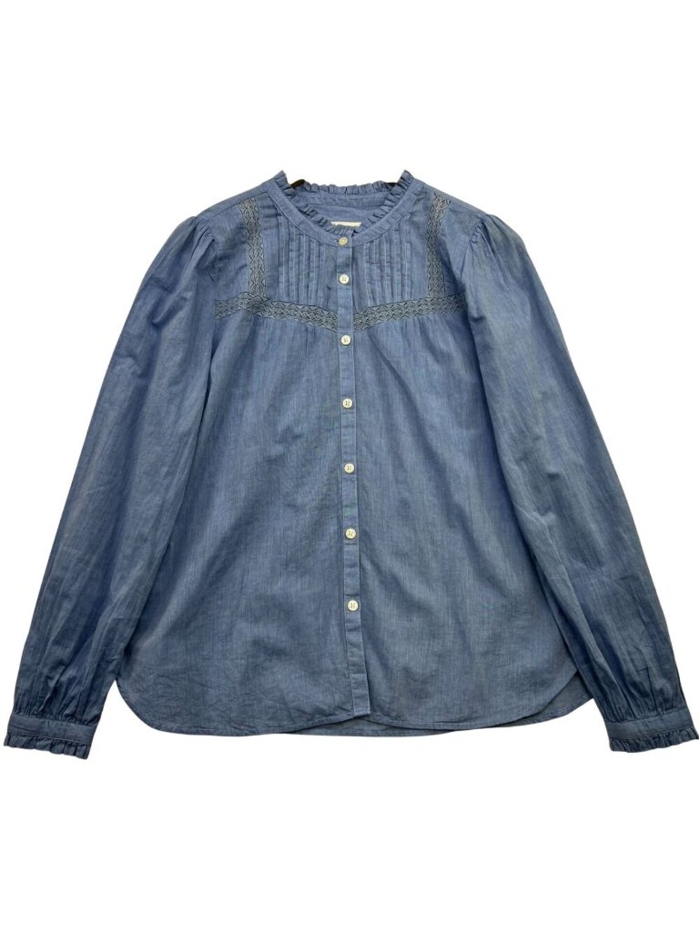 Loft Womens Chambray Ruffled Neck Lace Button-Down Shirt Long Sleeve Size M Blue